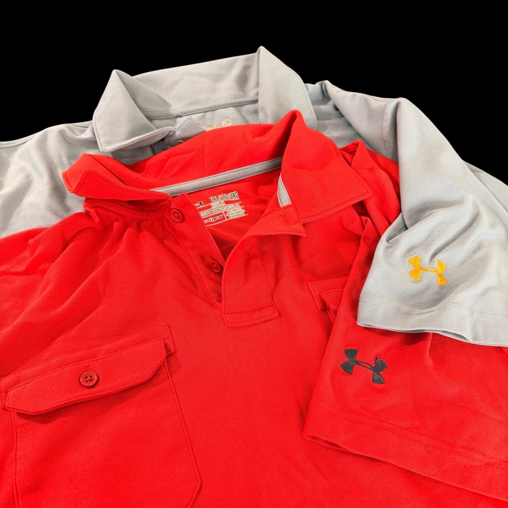 (Lot of 2) Under Armour Polo Shirts Mens 2XL Orange/Blue HeatGear Chest Pockets